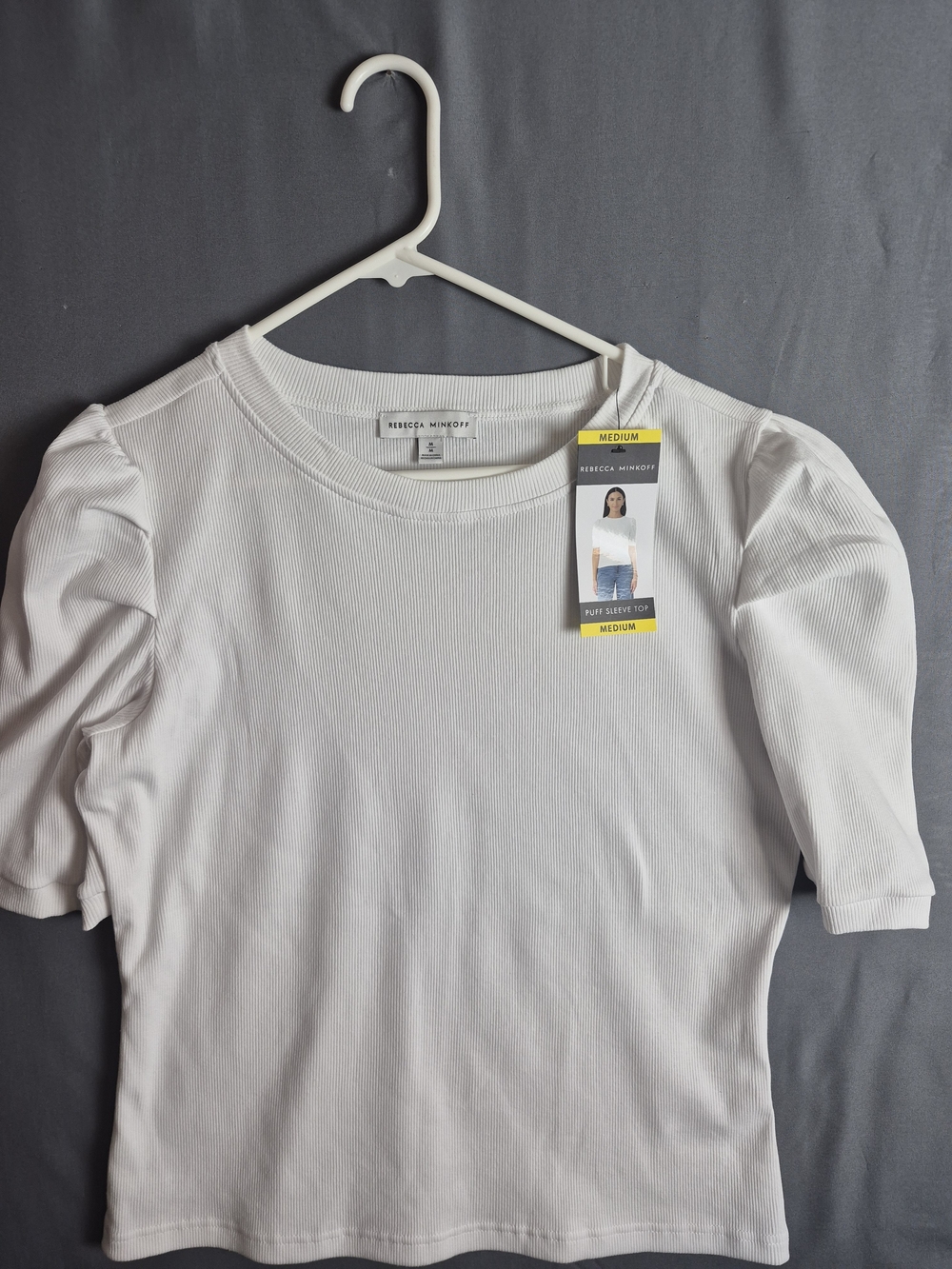 Rebecca Minkoff White Ribbed Puff-Sleeve Tee